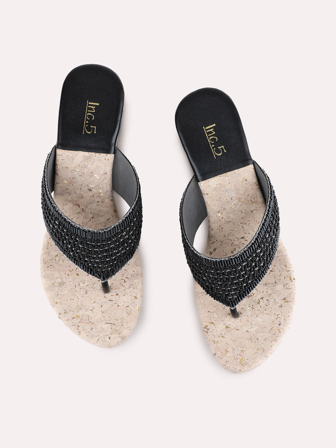 Womens Black Ethnic Embellished Round Toe Wedge Heels