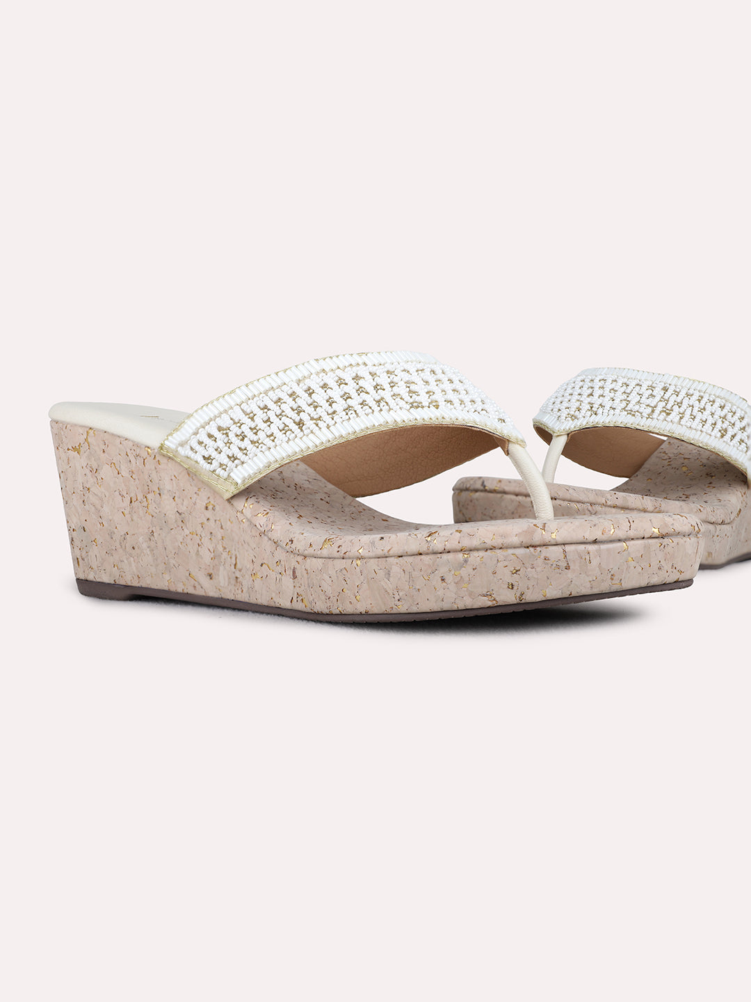 Womens Cream Ethnic Embellished Round Toe Wedge Heel Sandals