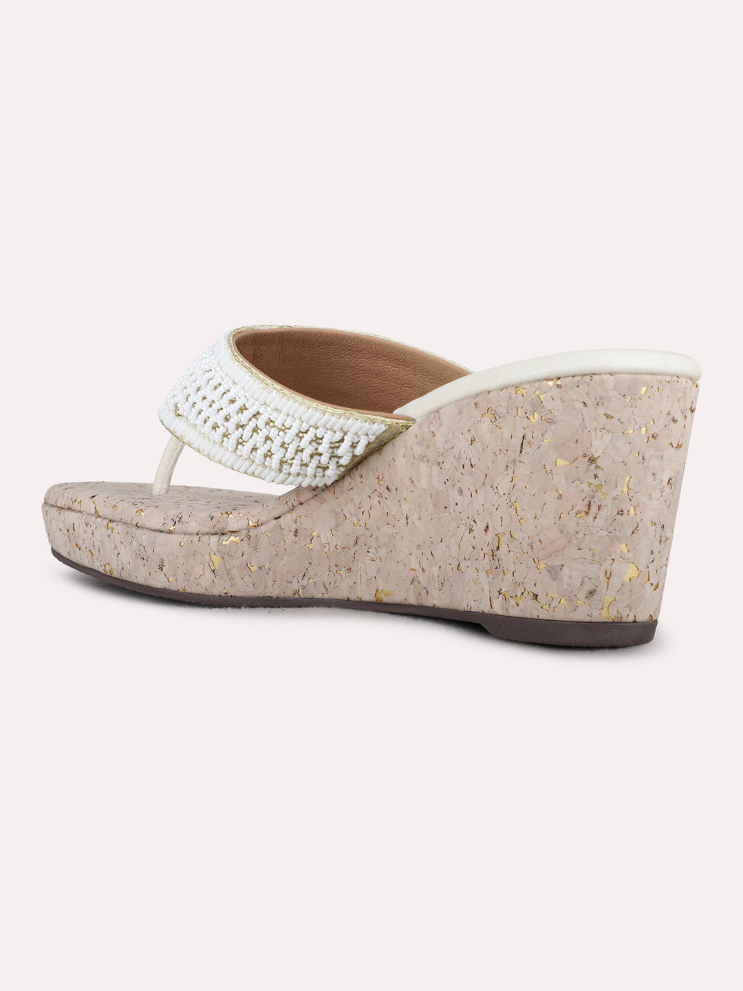 Womens Cream Ethnic Embellished Round Toe Wedge Heels