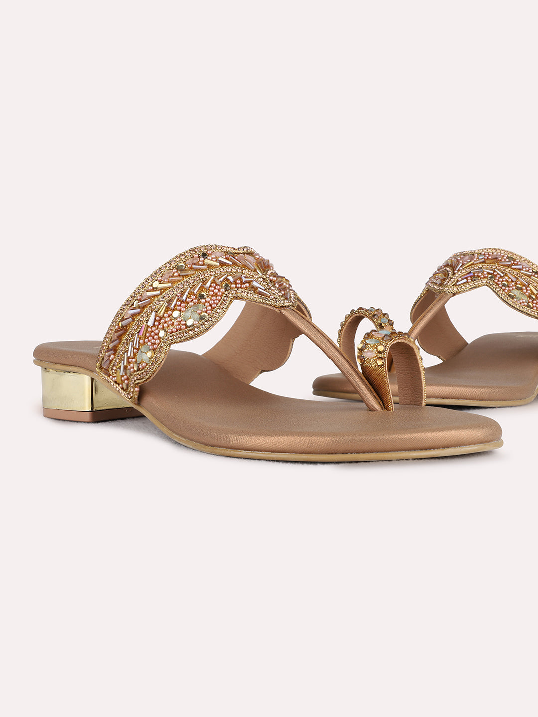 Womens Gold Ethnic Embellished Round Toe Block Heels