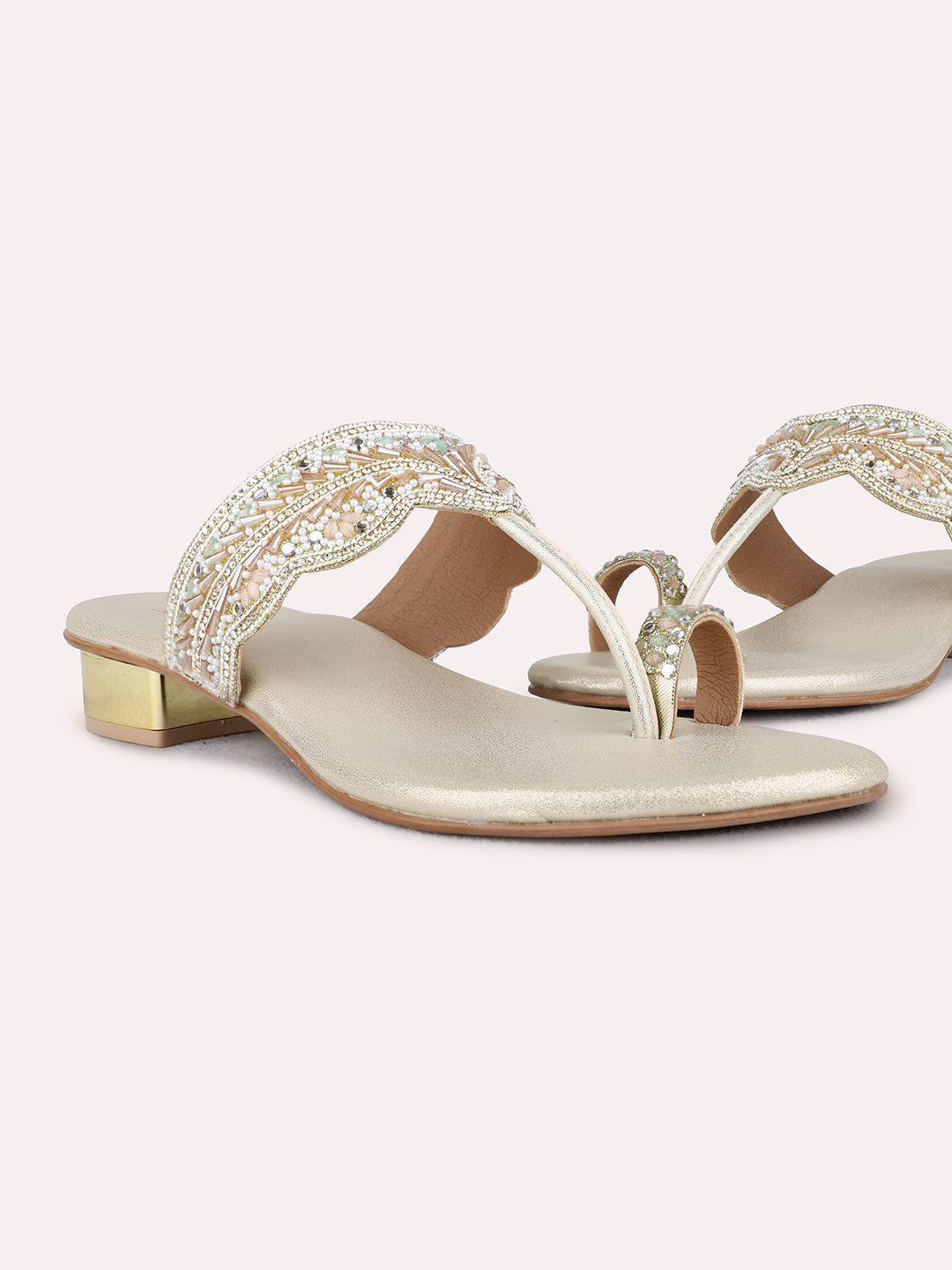 Womens Golden Ethnic Embellished Round Toe Block Heels