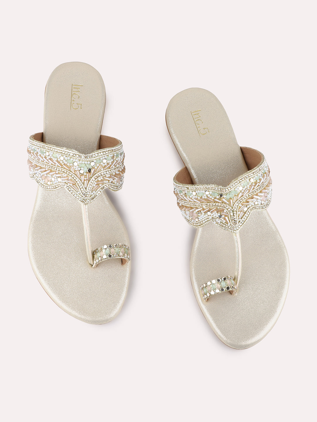 Womens Golden Ethnic Embellished Round Toe Block Heels