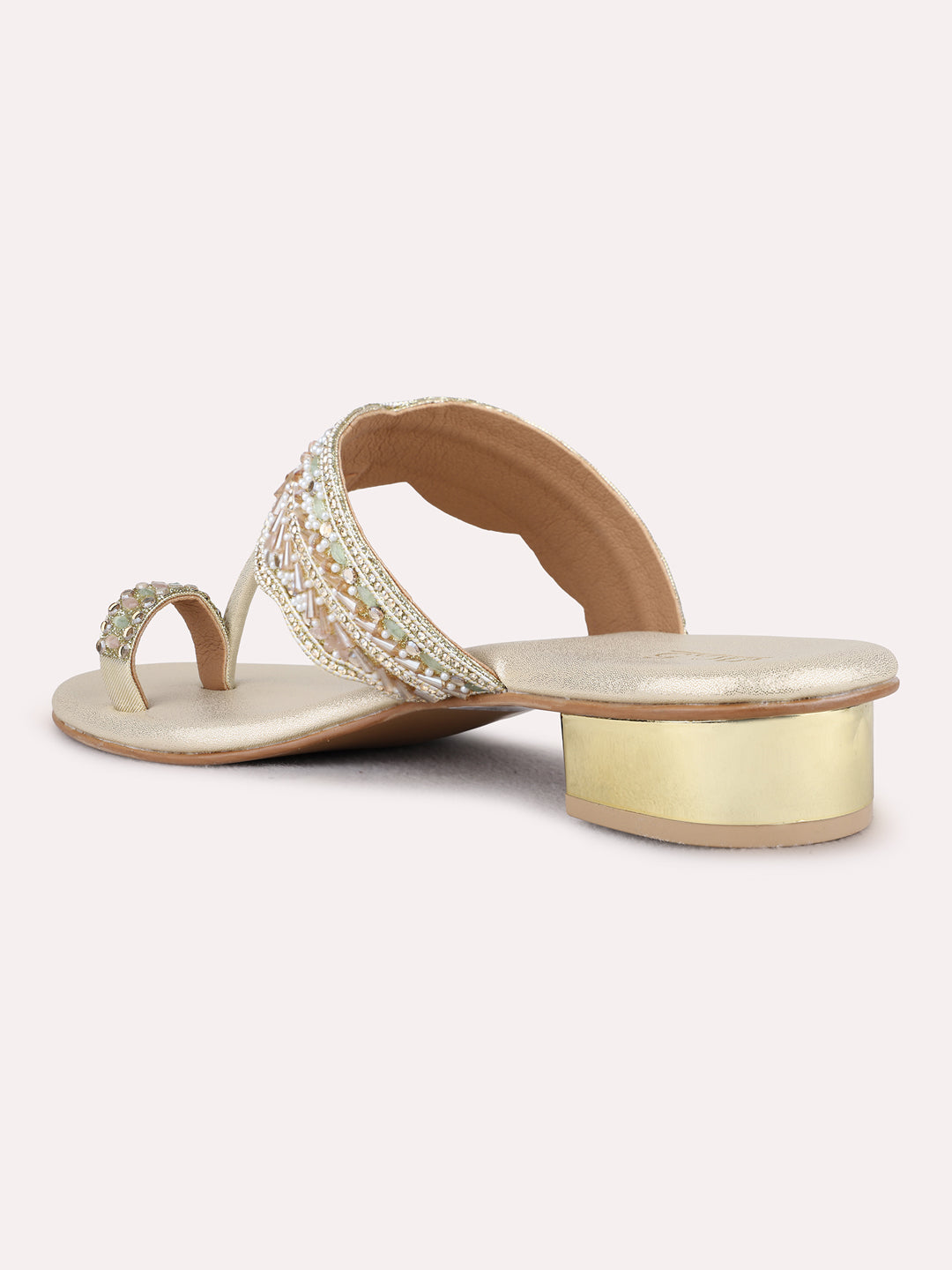 Womens Golden Ethnic Embellished Round Toe Block Heels