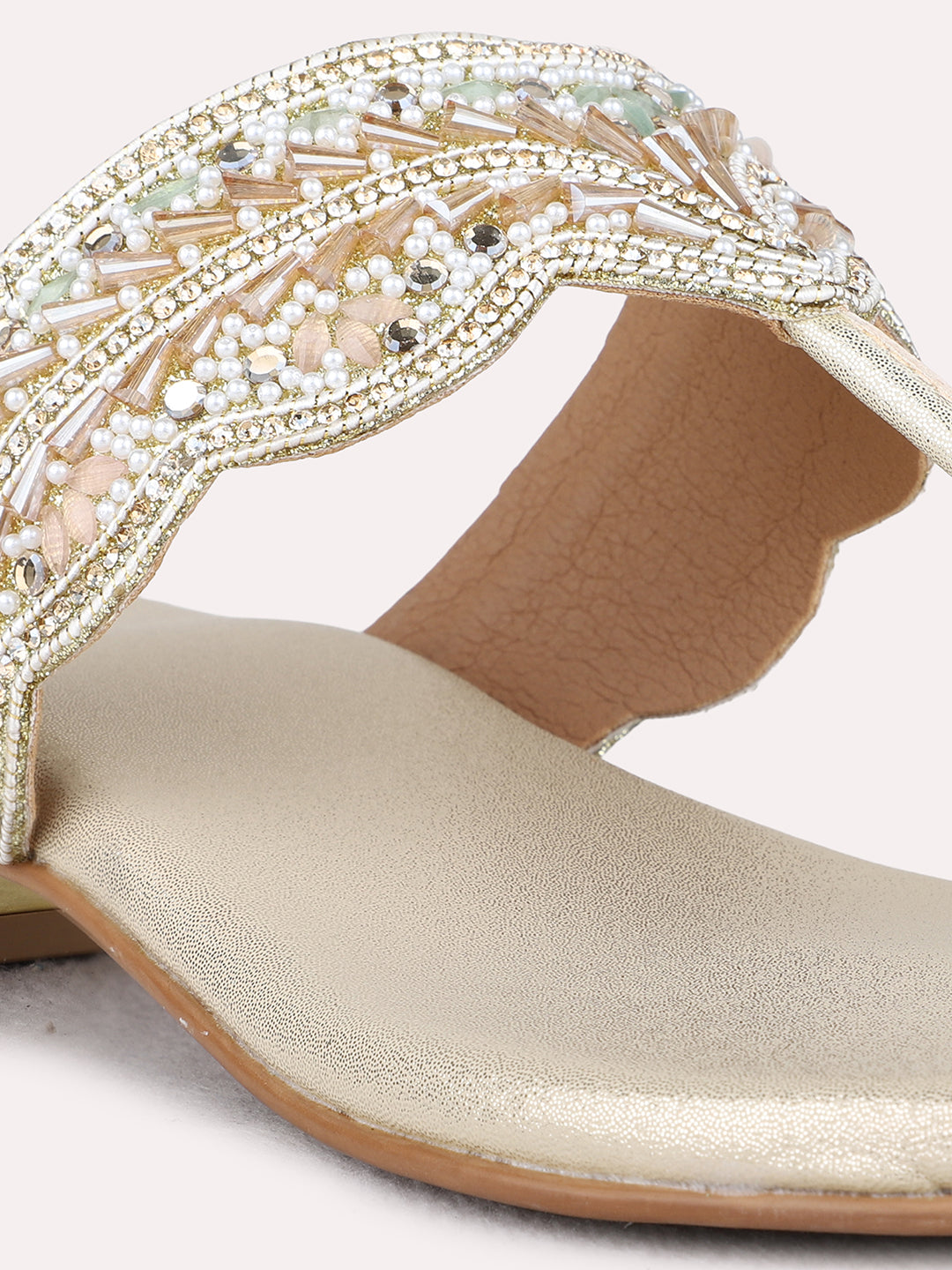 Womens Golden Ethnic Embellished Round Toe Block Heels