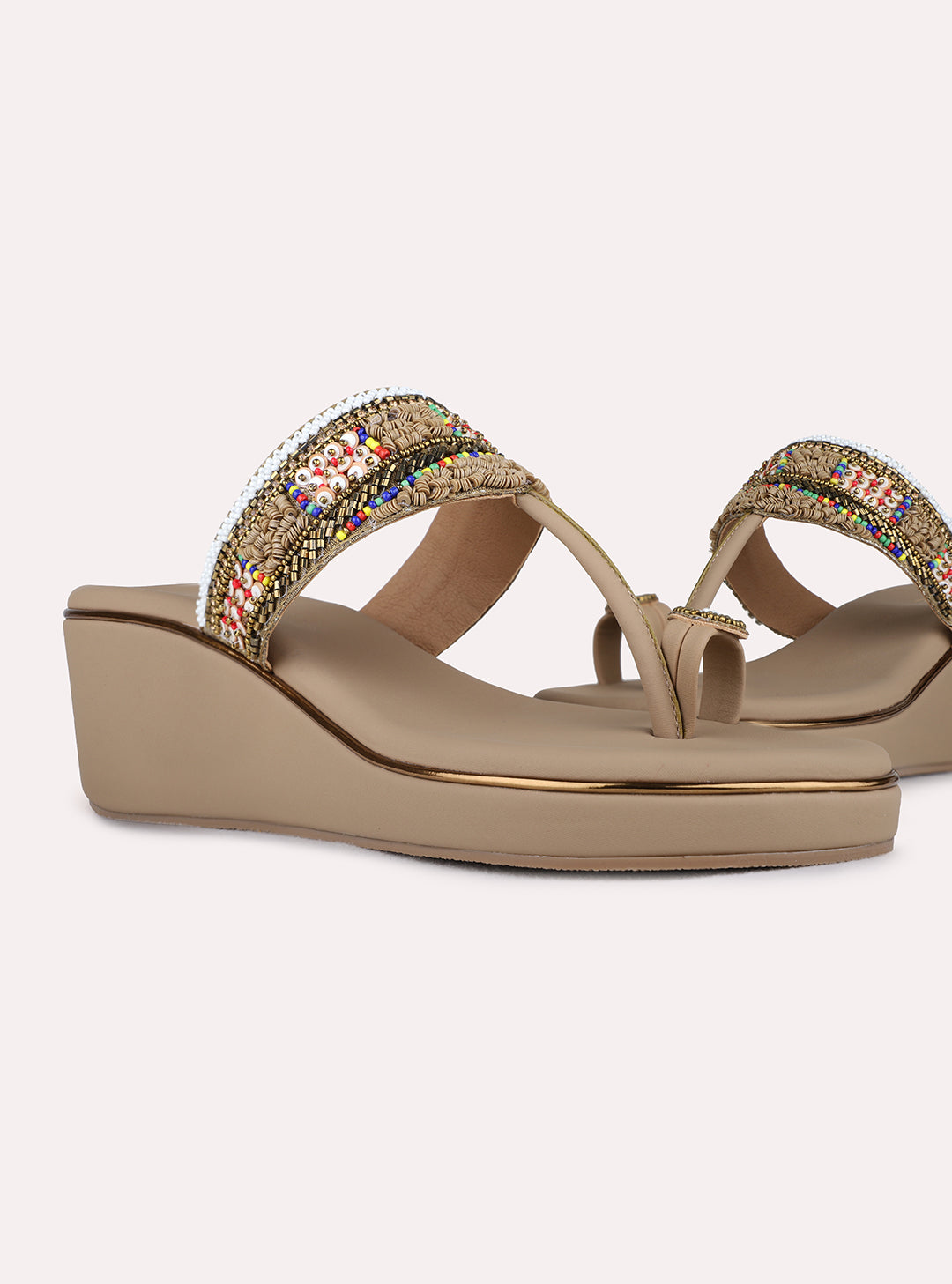 Womens Golden Ethnic Embellished Pointed Toe Wedge Heels