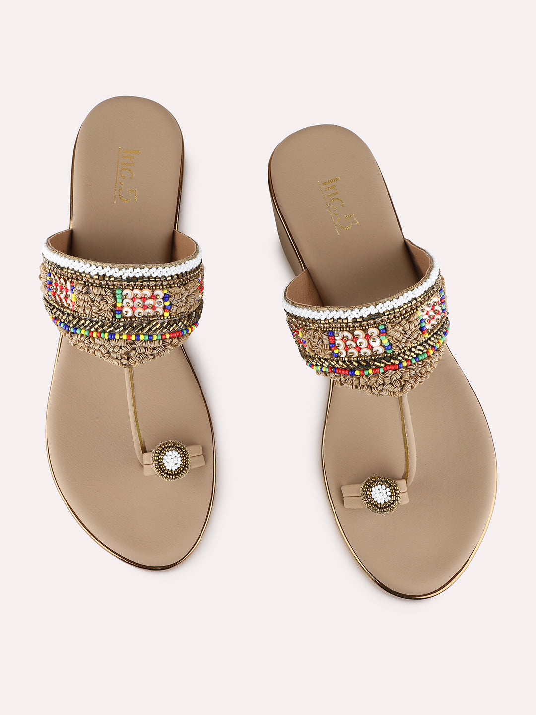 Womens Golden Ethnic Embellished Pointed Toe Wedge Heels