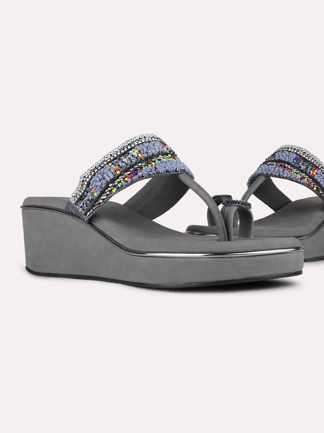 Womens Grey Ethnic Embellished Pointed Toe Wedge Heel Sandals