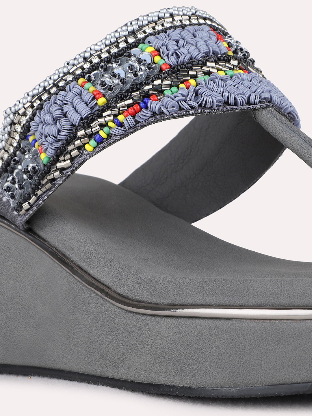 Womens Grey Ethnic Embellished Pointed Toe Wedge Heels