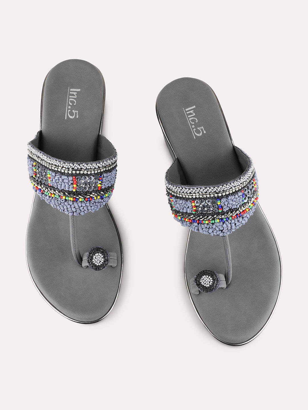 Womens Grey Ethnic Embellished Pointed Toe Wedge Heels