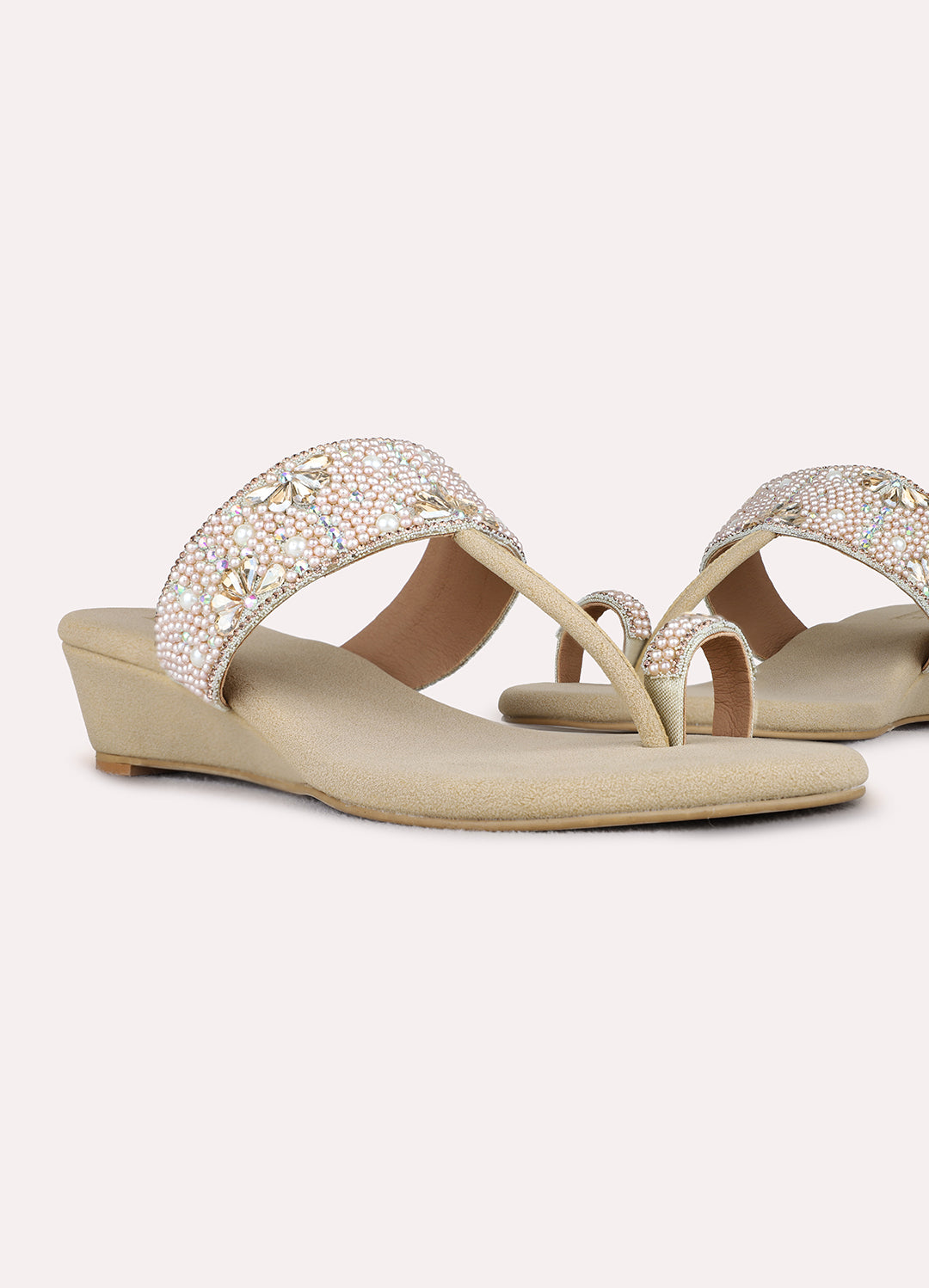 Womens Beige Party Wear Embellished Pattern Round Toe Wedge Heels