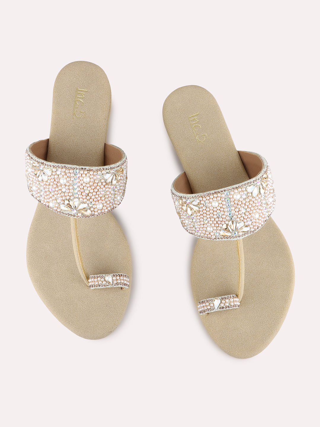Womens Beige Party Wear Embellished Pattern Round Toe Wedge Heels