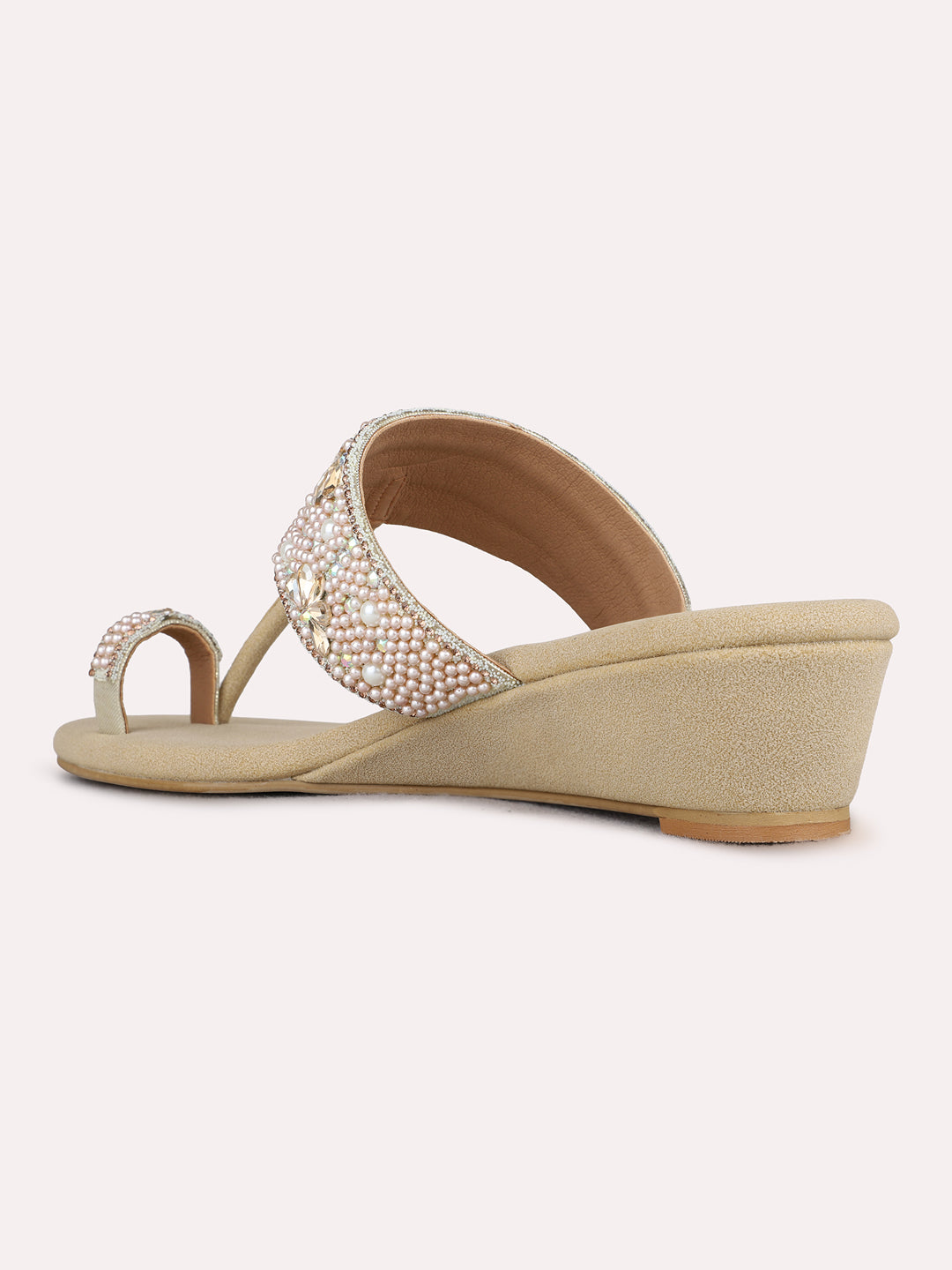 Womens Beige Party Wear Embellished Pattern Round Toe Wedge Heels