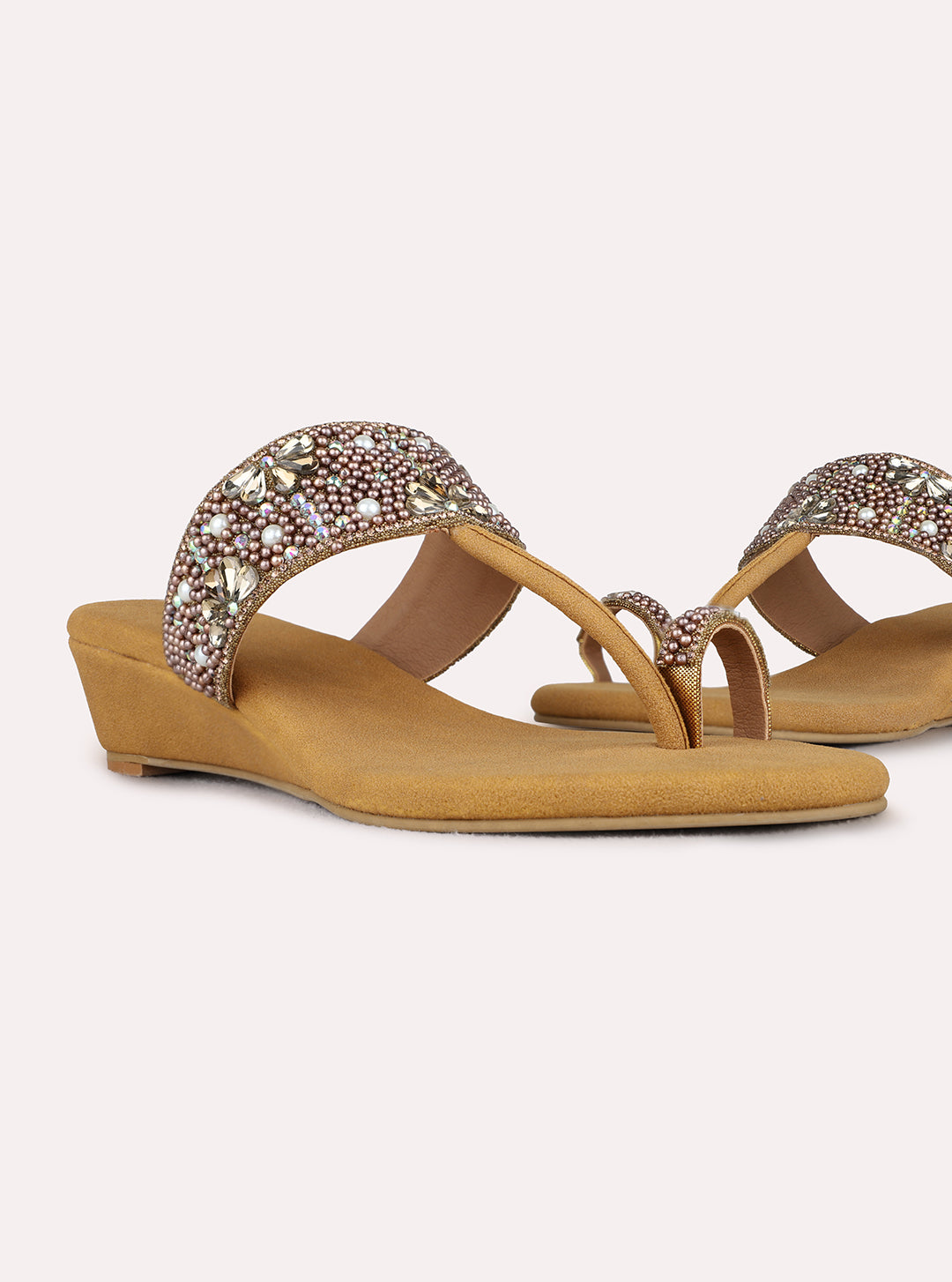 Womens Tan Party Wear Embellished Pattern Round Toe Wedge Heels