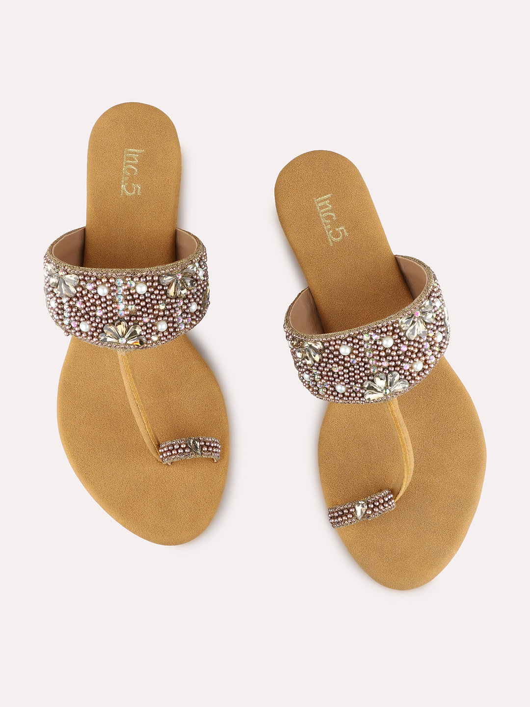 Womens Tan Party Wear Embellished Pattern Round Toe Wedge Heels