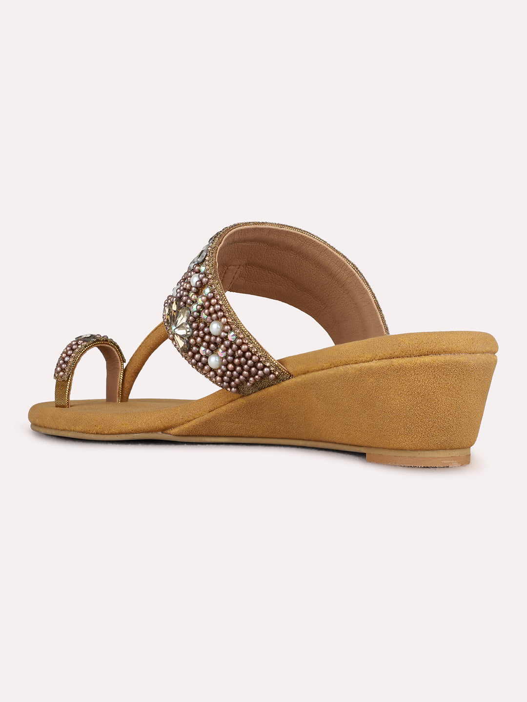 Womens Tan Party Wear Embellished Pattern Round Toe Wedge Heels