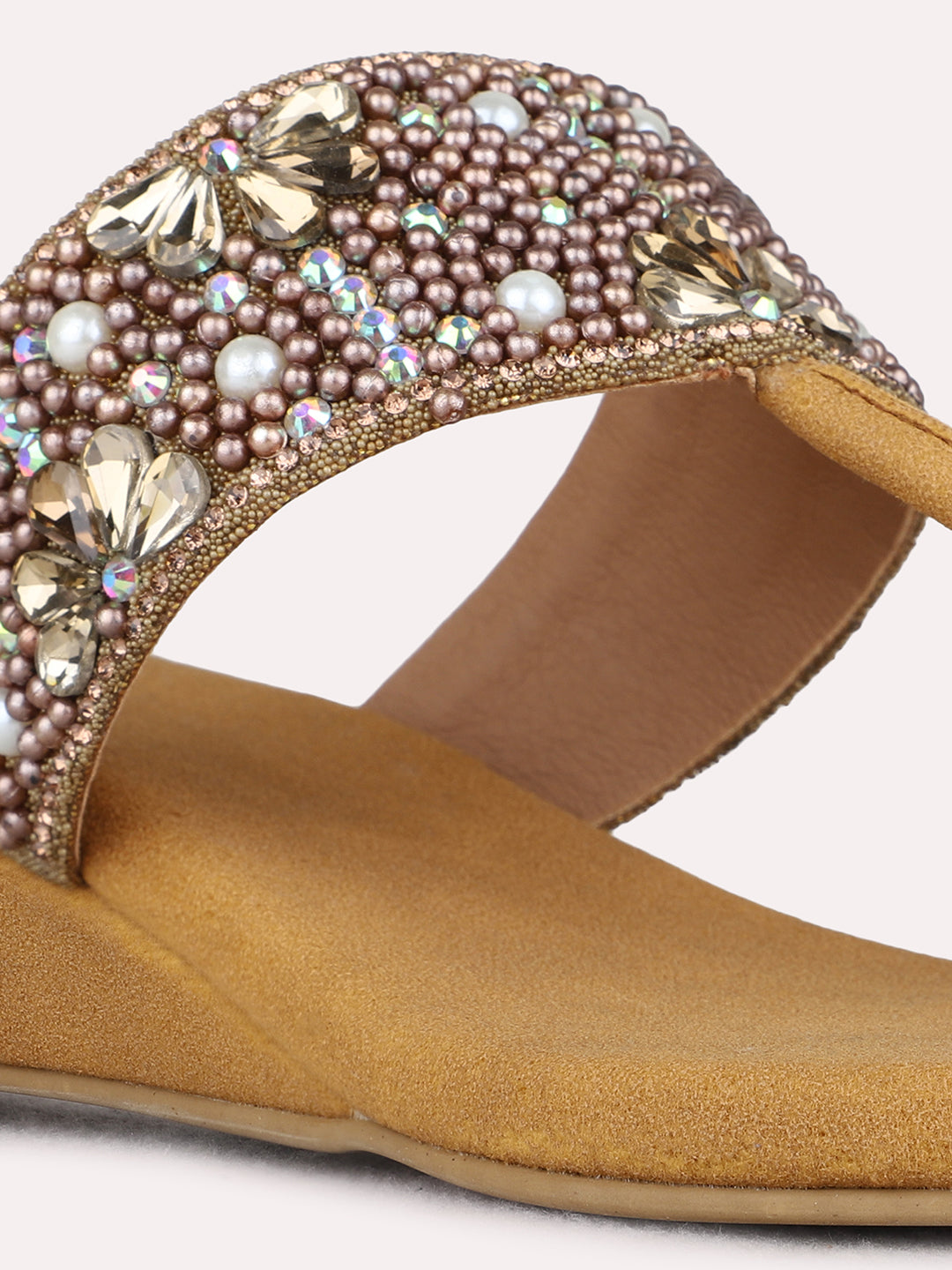 Womens Tan Party Wear Embellished Pattern Round Toe Wedge Heels