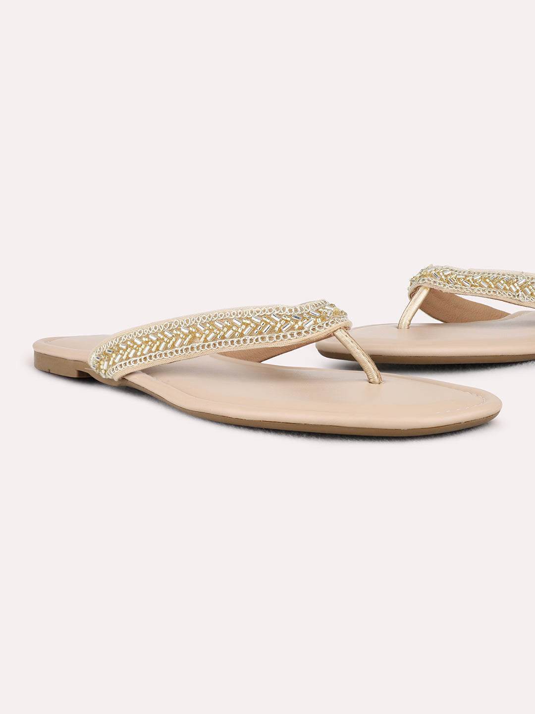 Womens Golden Ethnic Wear Textured T-Strap Flat Sandals