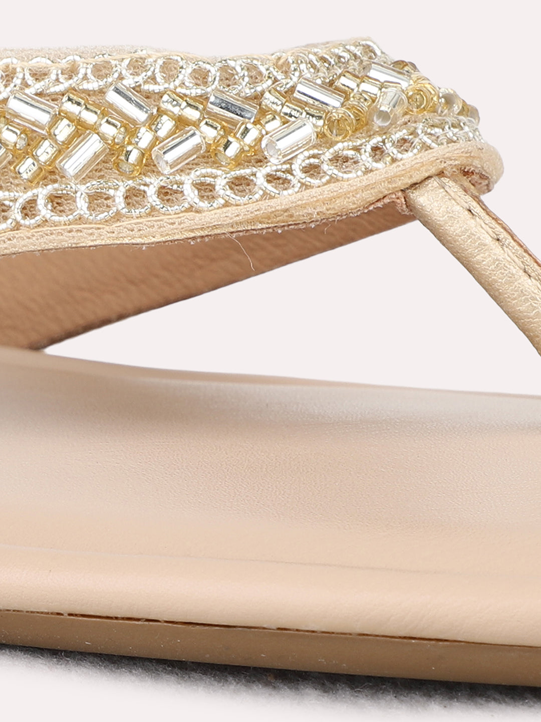 Womens Golden Ethnic Wear Textured T-Strap Flat Sandals