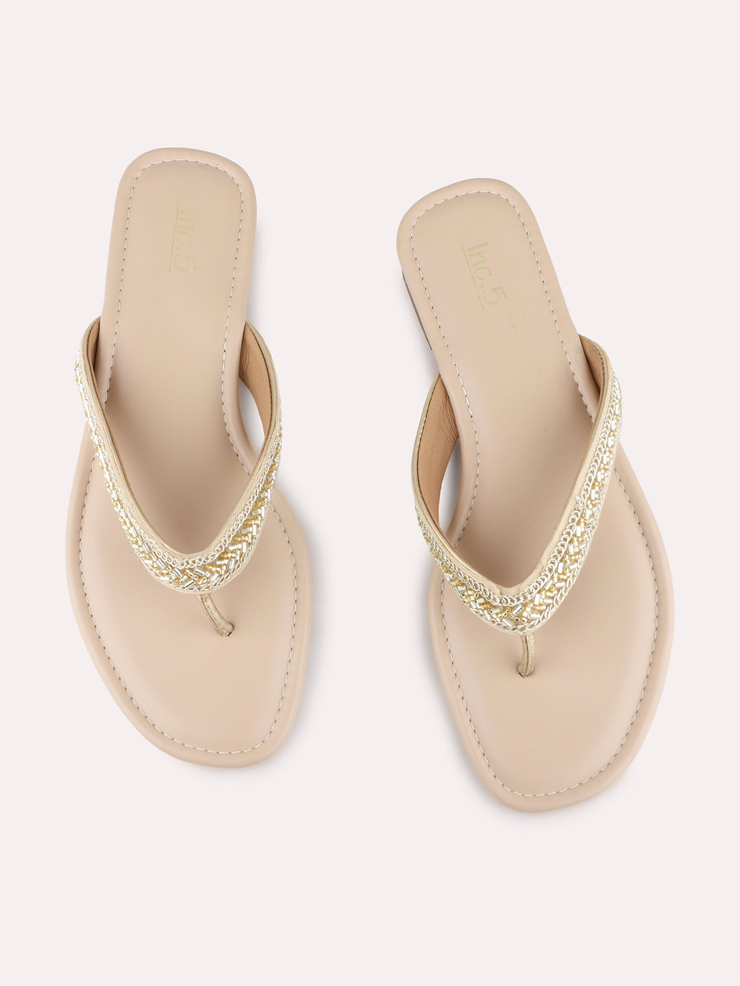 Womens Golden Ethnic Wear Textured T-Strap Flat Sandals