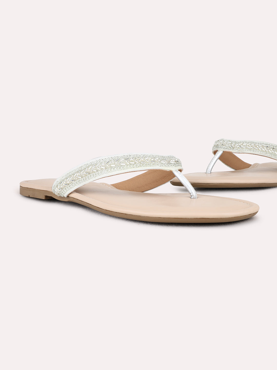 Womens Silver Ethnic Wear Textured T-Strap Flat Sandals