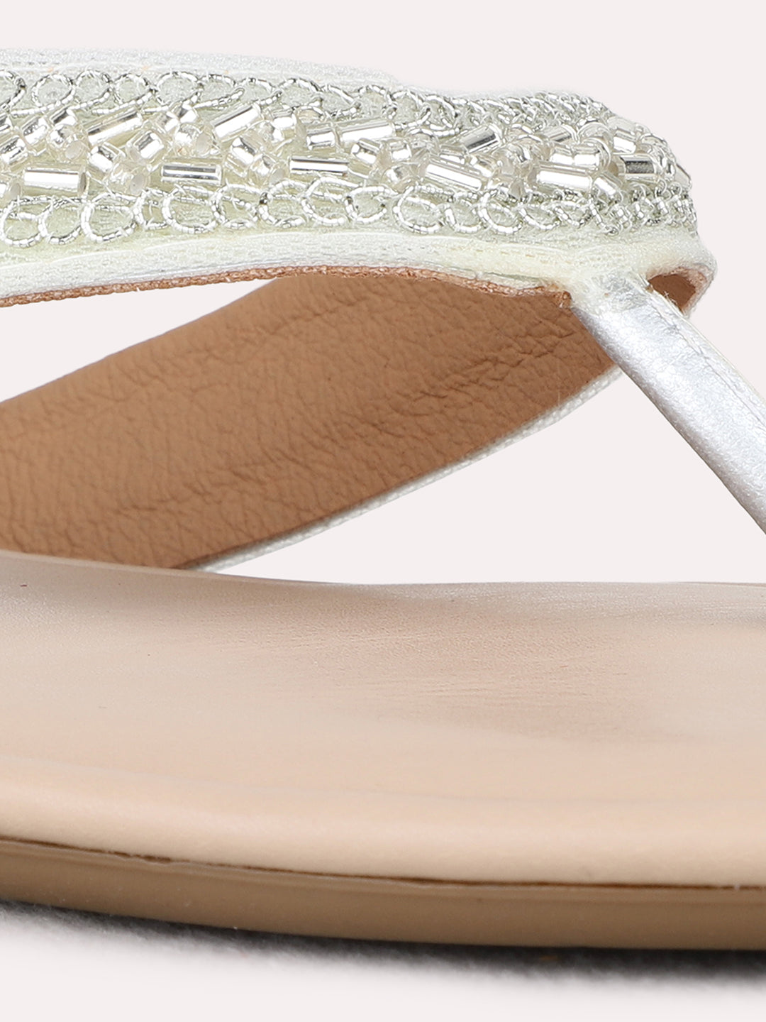 Womens Silver Ethnic Wear Textured T-Strap Flat Sandals