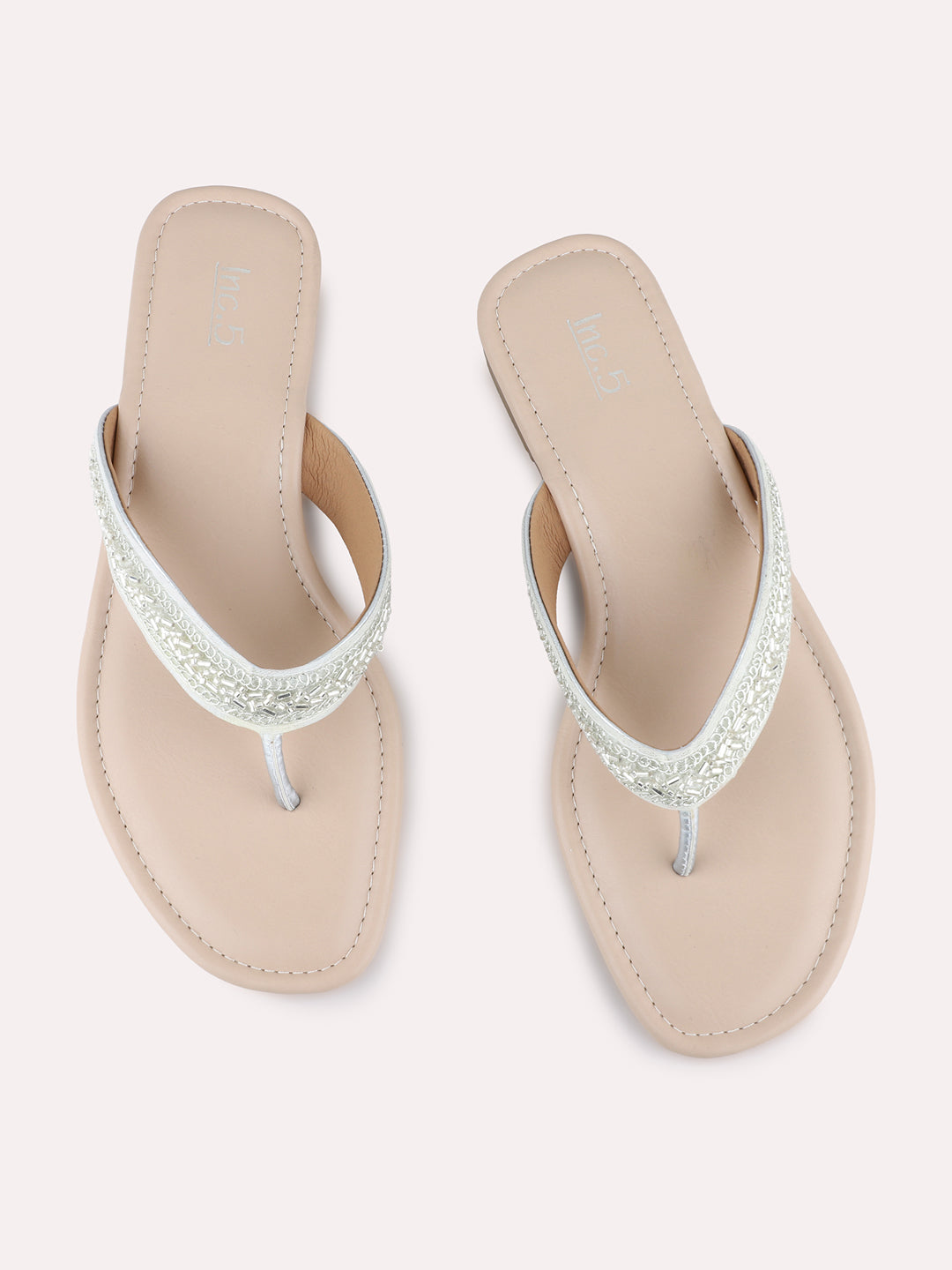 Womens Silver Ethnic Wear Textured T-Strap Flat Sandals