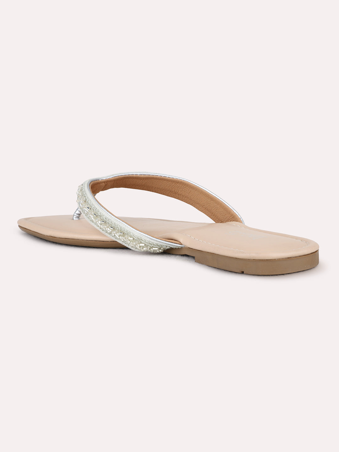 Womens Silver Ethnic Wear Textured T-Strap Flats