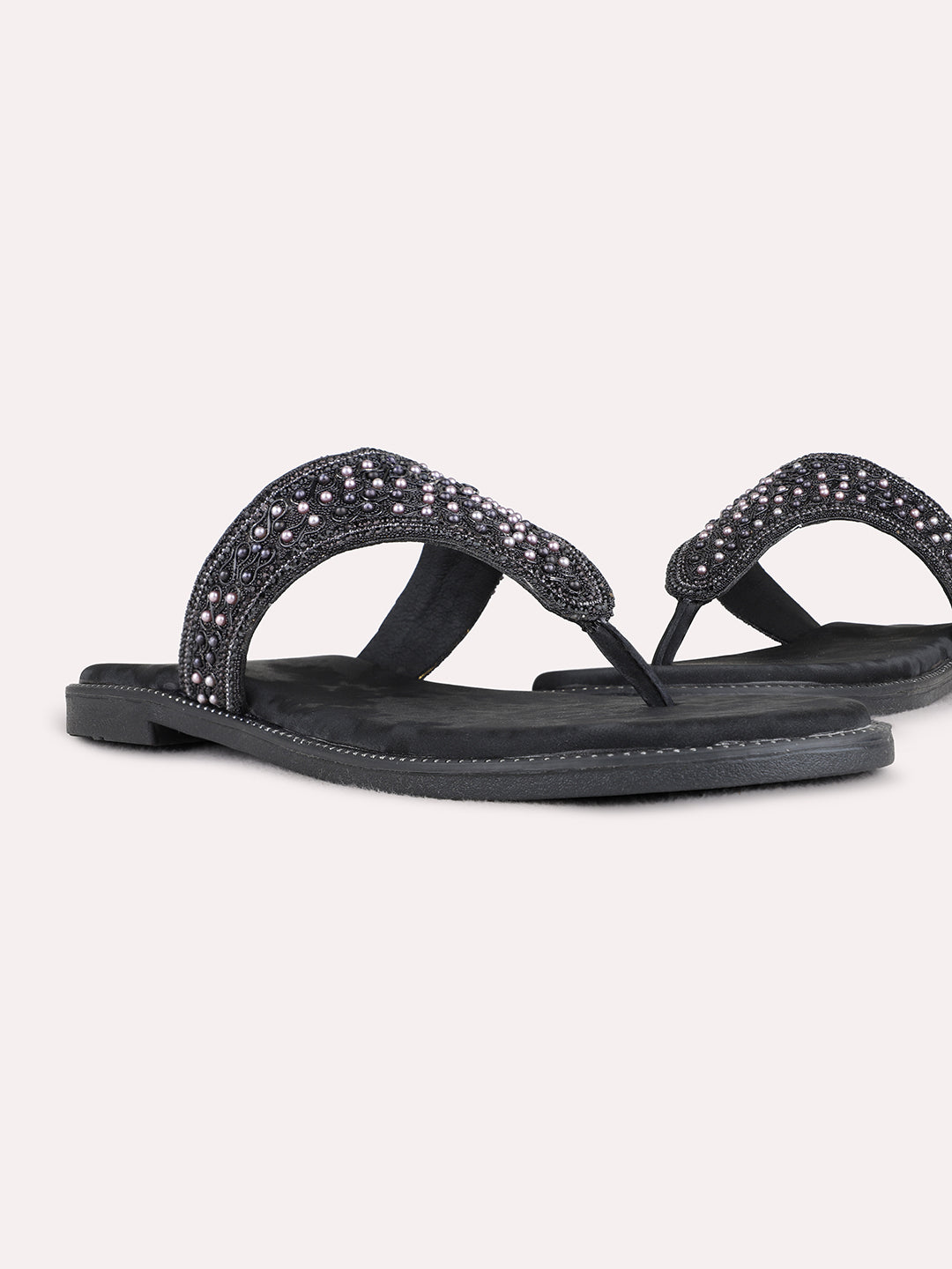 Womens Black Ethnic Embellished T-Strap Flat Slip-Ons
