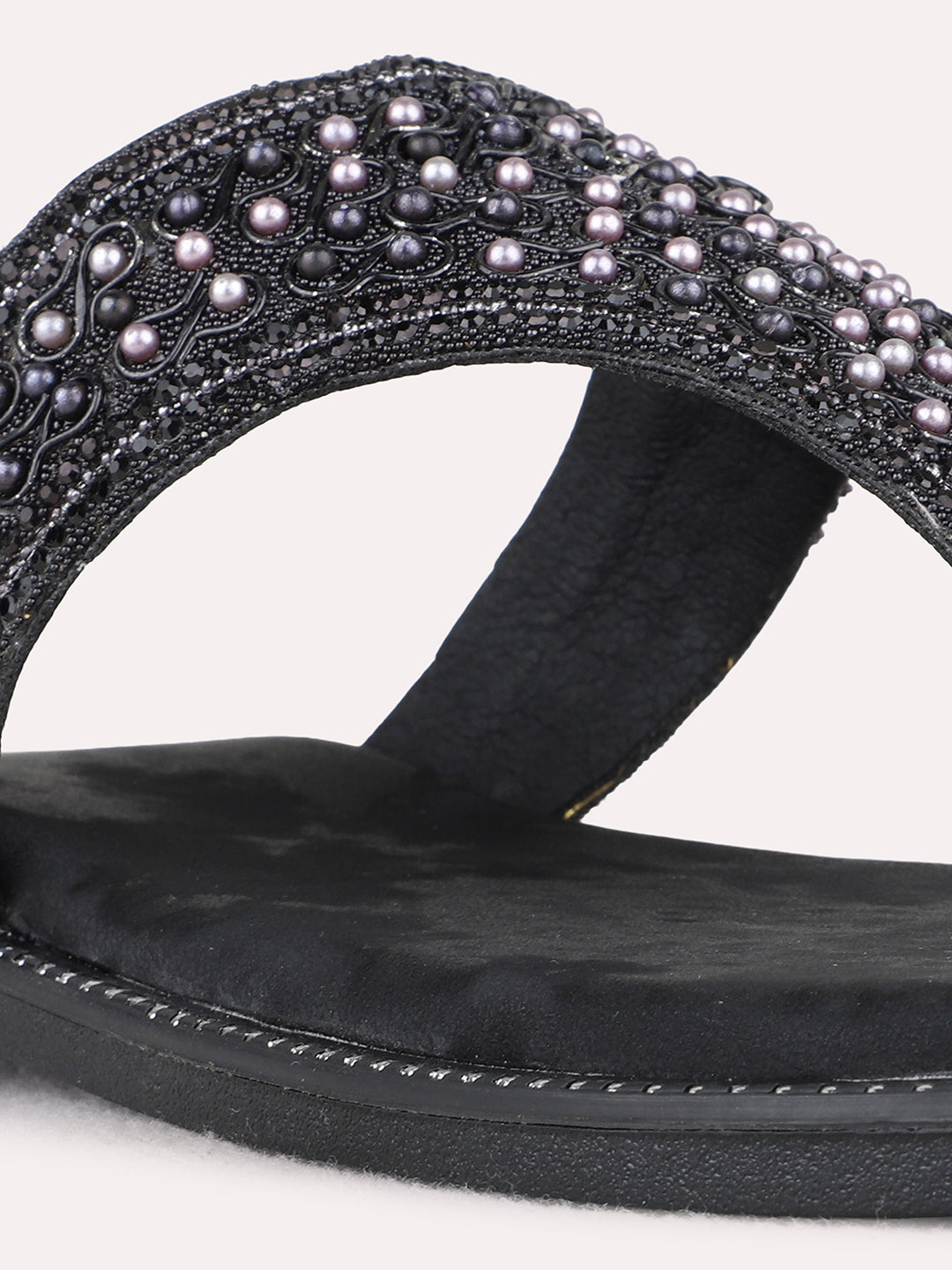 Womens Black Ethnic Embellished T-Strap Flat Slip-Ons