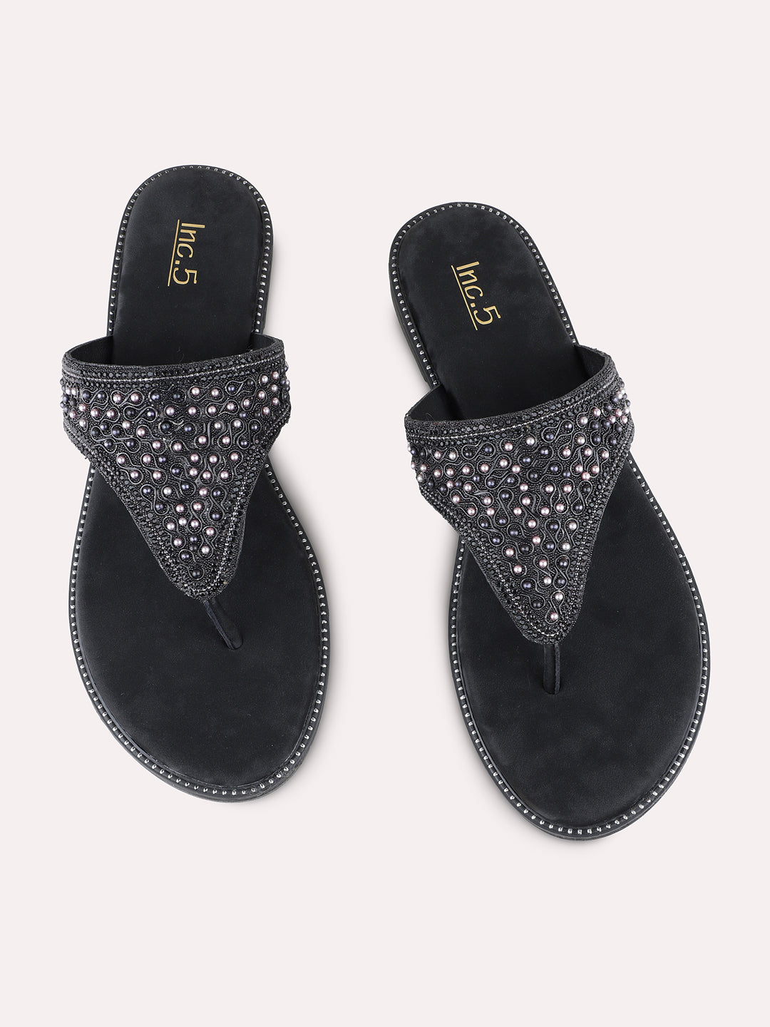 Womens Black Ethnic Embellished T-Strap Flat Slip-Ons