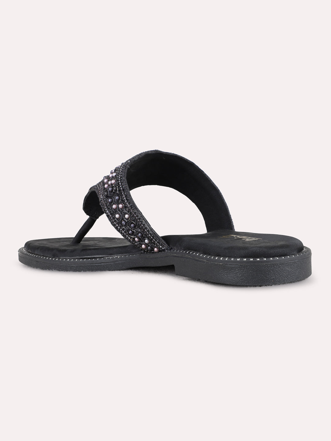 Womens Black Ethnic Embellished T-Strap Flat Slip-Ons