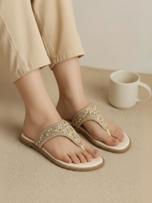 Womens Golden Ethnic Embellished Pattern T-Strap Flat Slip-Ons