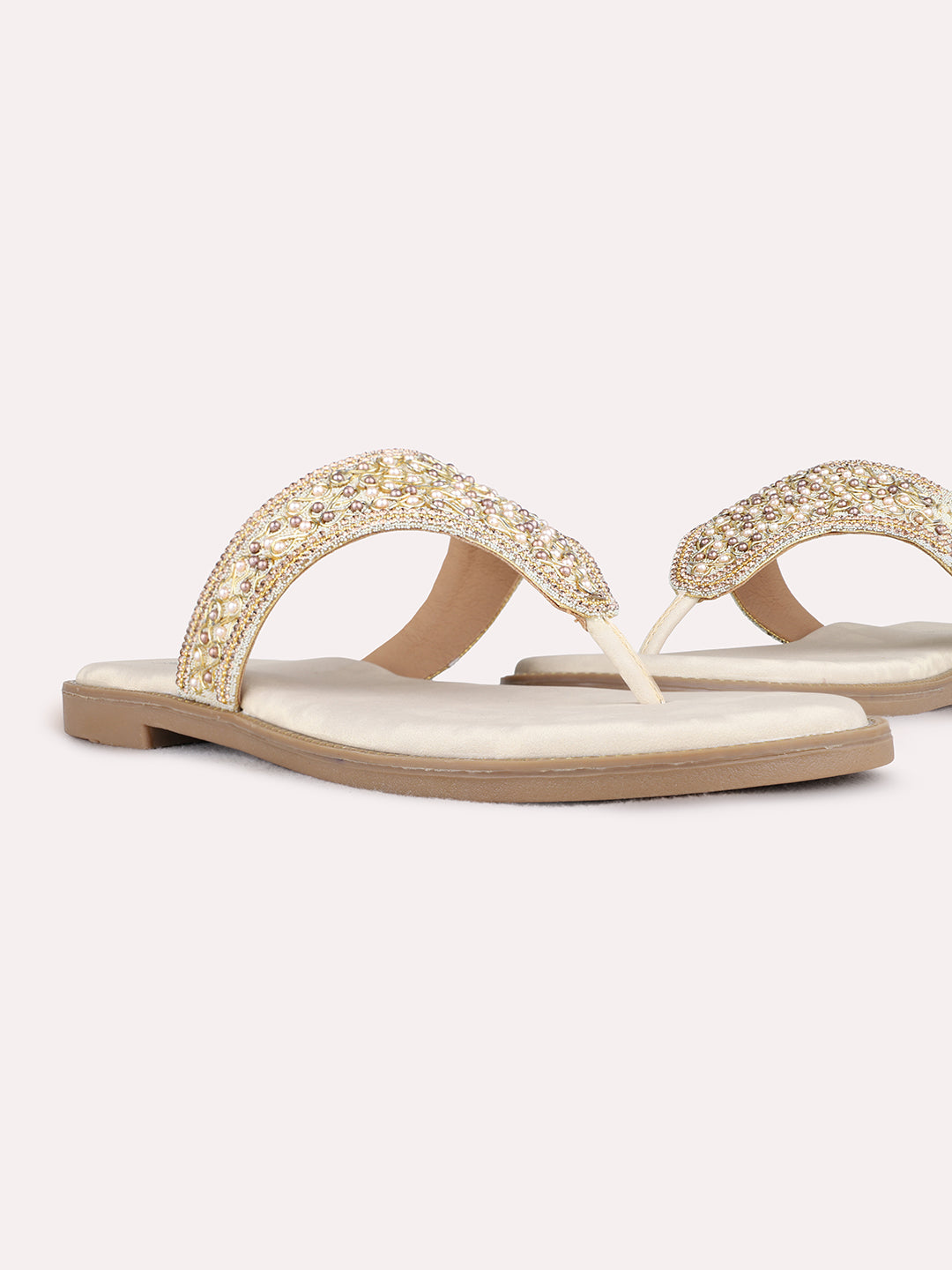 Womens Golden Ethnic Embellished Pattern T-Strap Flat Slip-Ons