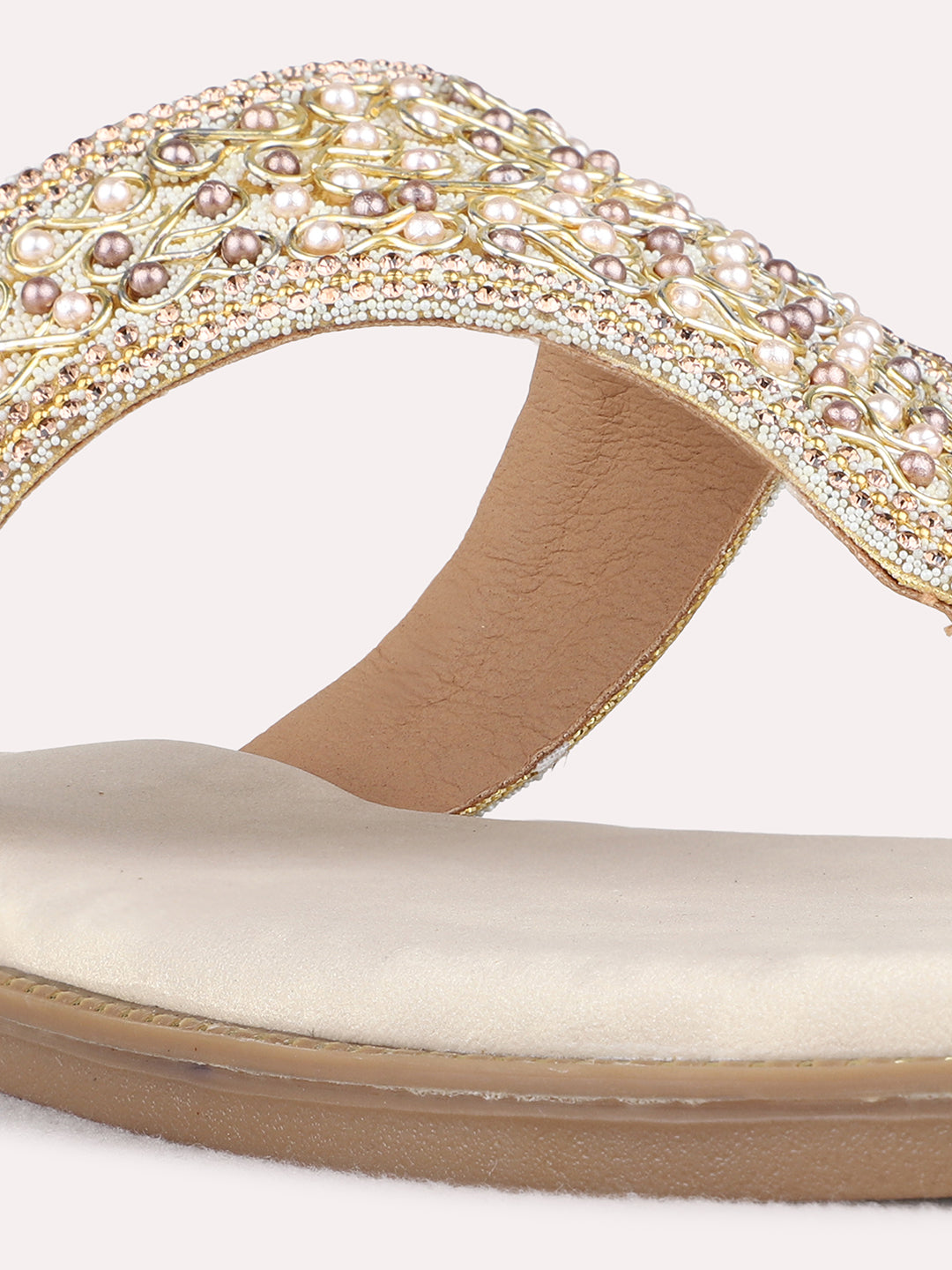Womens Golden Ethnic Embellished Pattern T-Strap Flat Slip-Ons