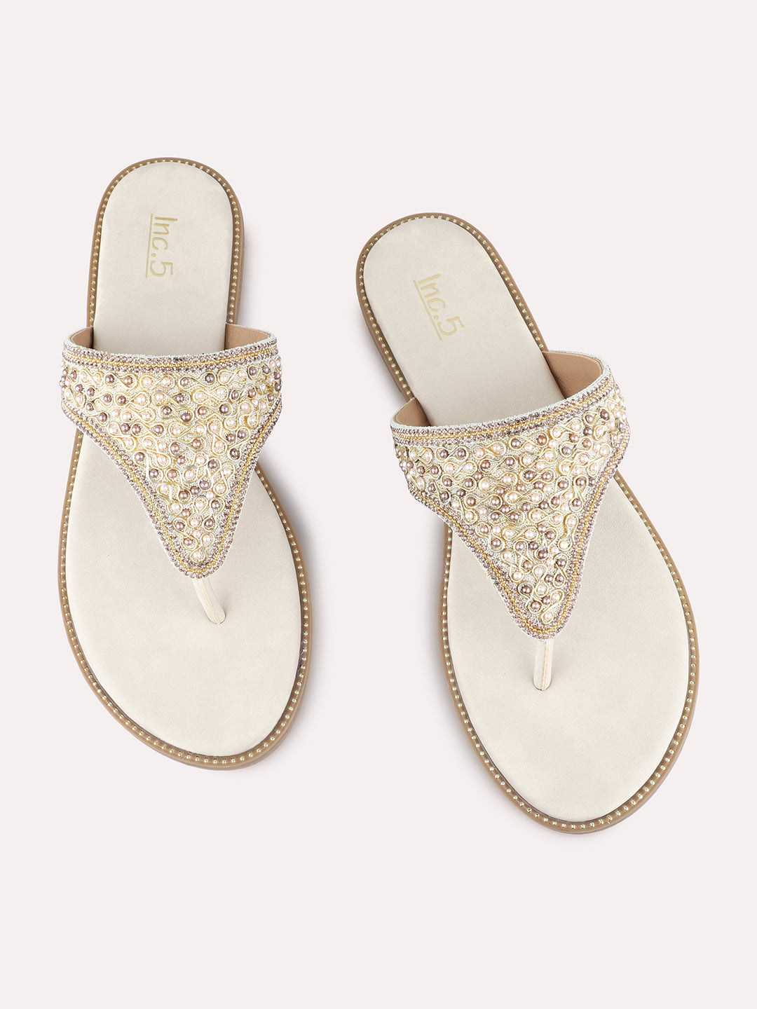Womens Golden Ethnic Embellished Pattern T-Strap Flat Slip-Ons