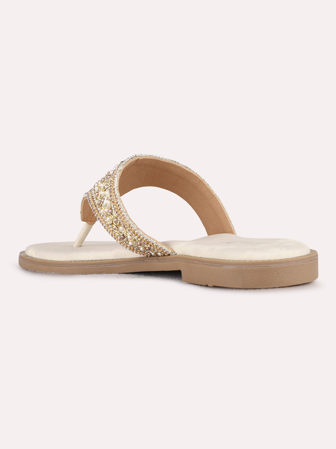 Womens Golden Ethnic Embellished Pattern T-Strap Flat Slip-Ons