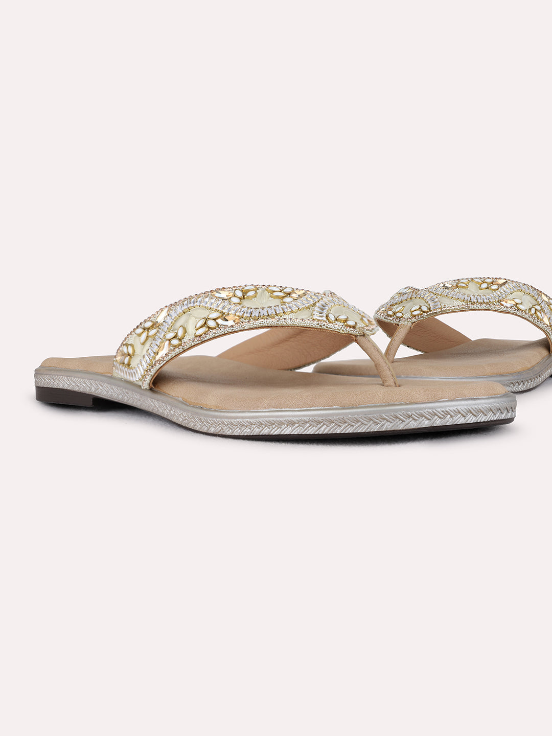Womens Beige Casual Embellished T-Strap Flats