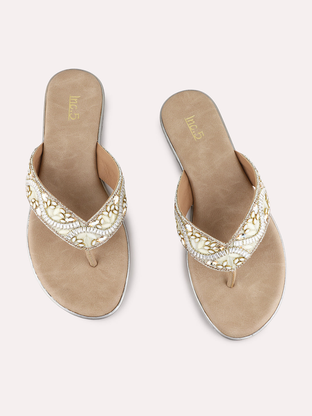 Womens Beige Casual Embellished T-Strap Flats