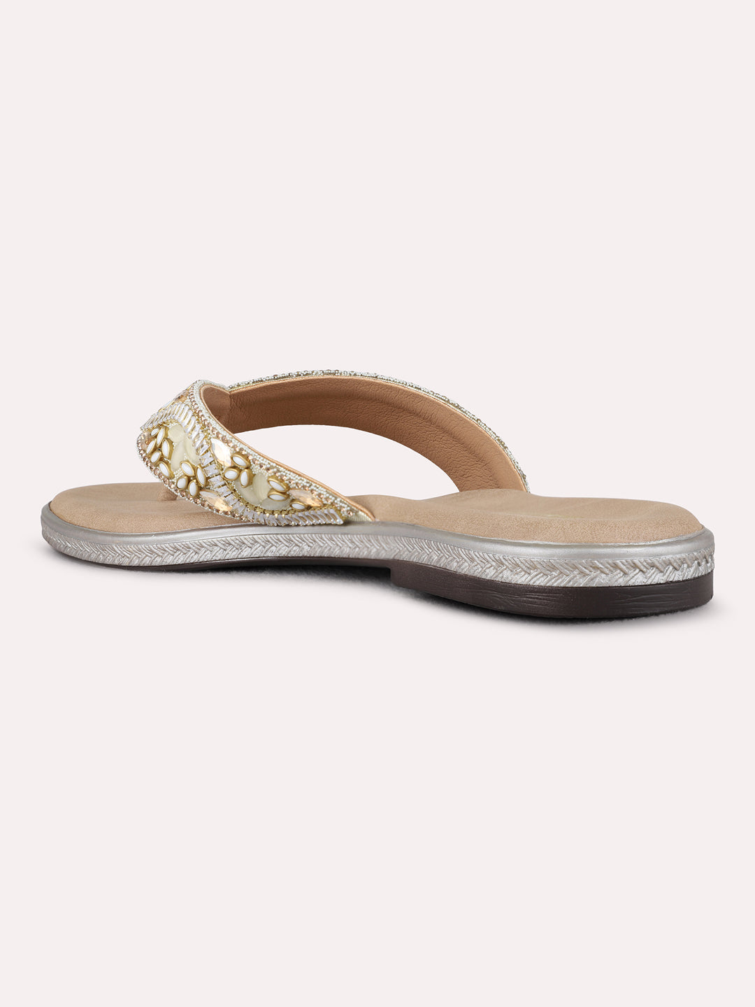 Womens Beige Casual Embellished T-Strap Flats
