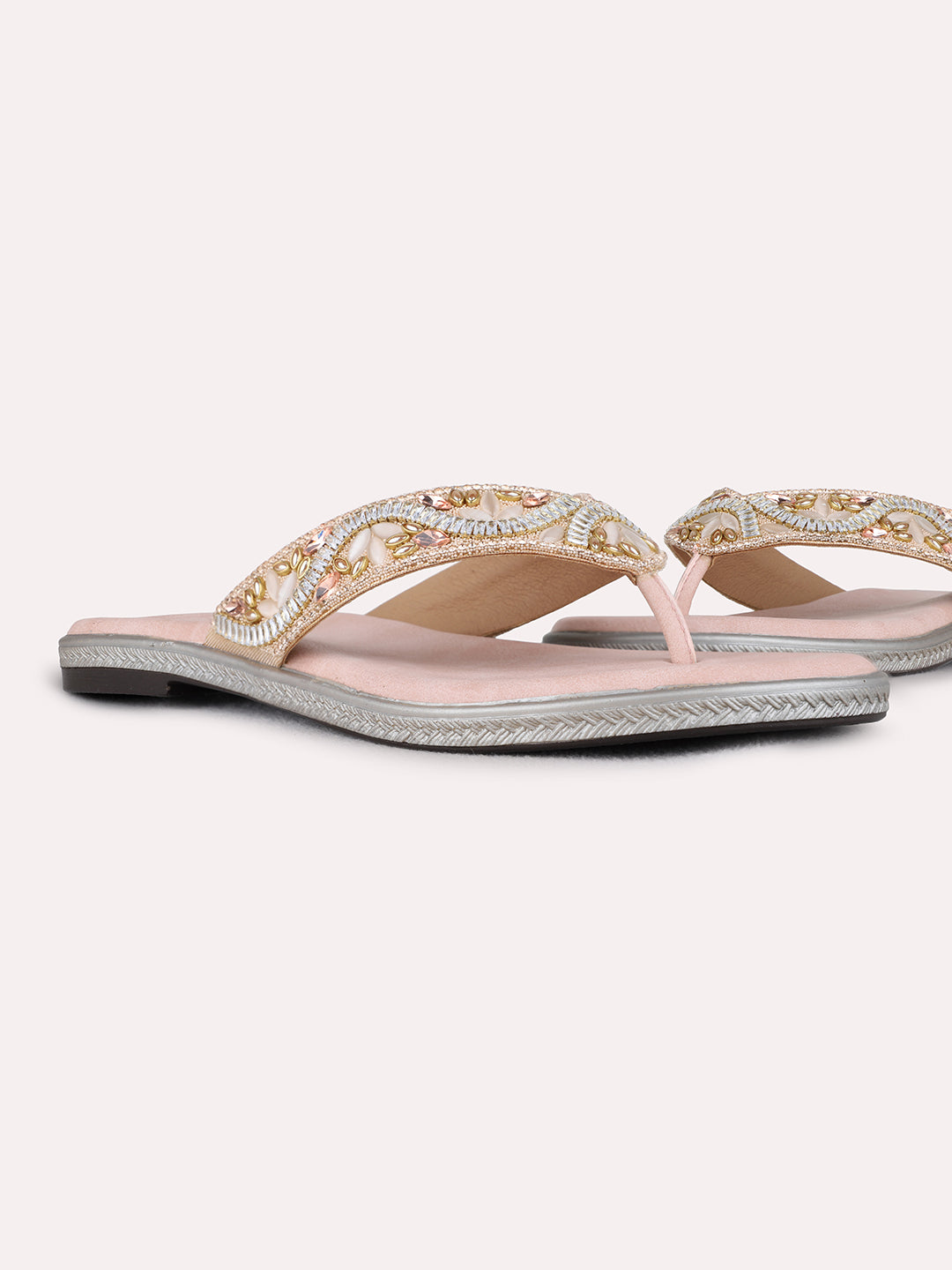 Womens Peach Casual Embellished T-Strap Flats