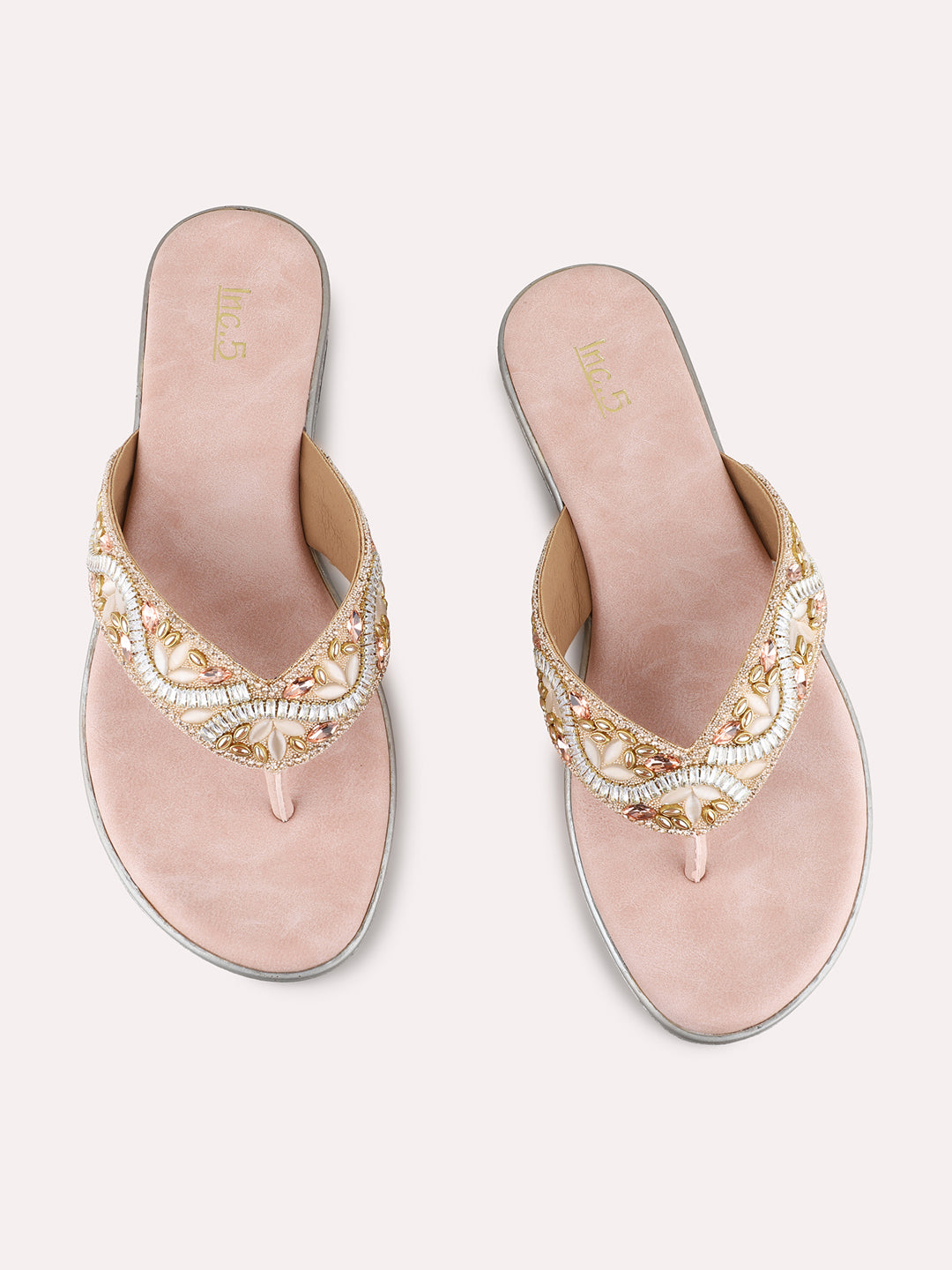 Womens Peach Casual Embellished T-Strap Flats