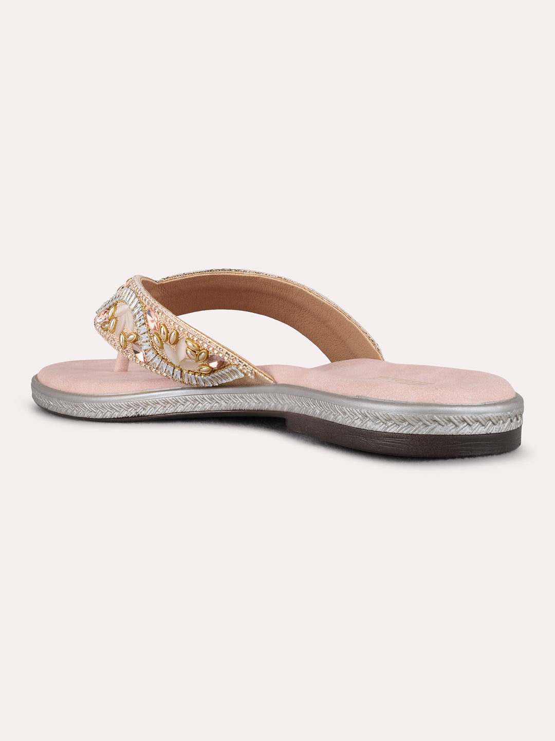 Womens Peach Casual Embellished T-Strap Flats