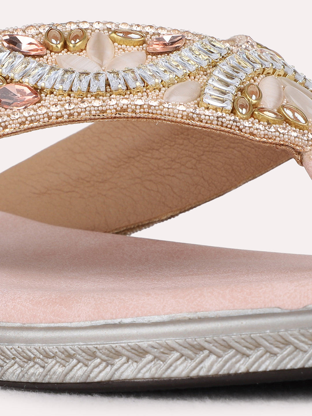 Womens Peach Casual Embellished T-Strap Flats