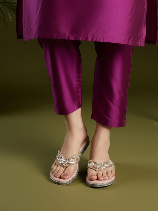 Womens Peach Casual Embellished T-Strap Flats