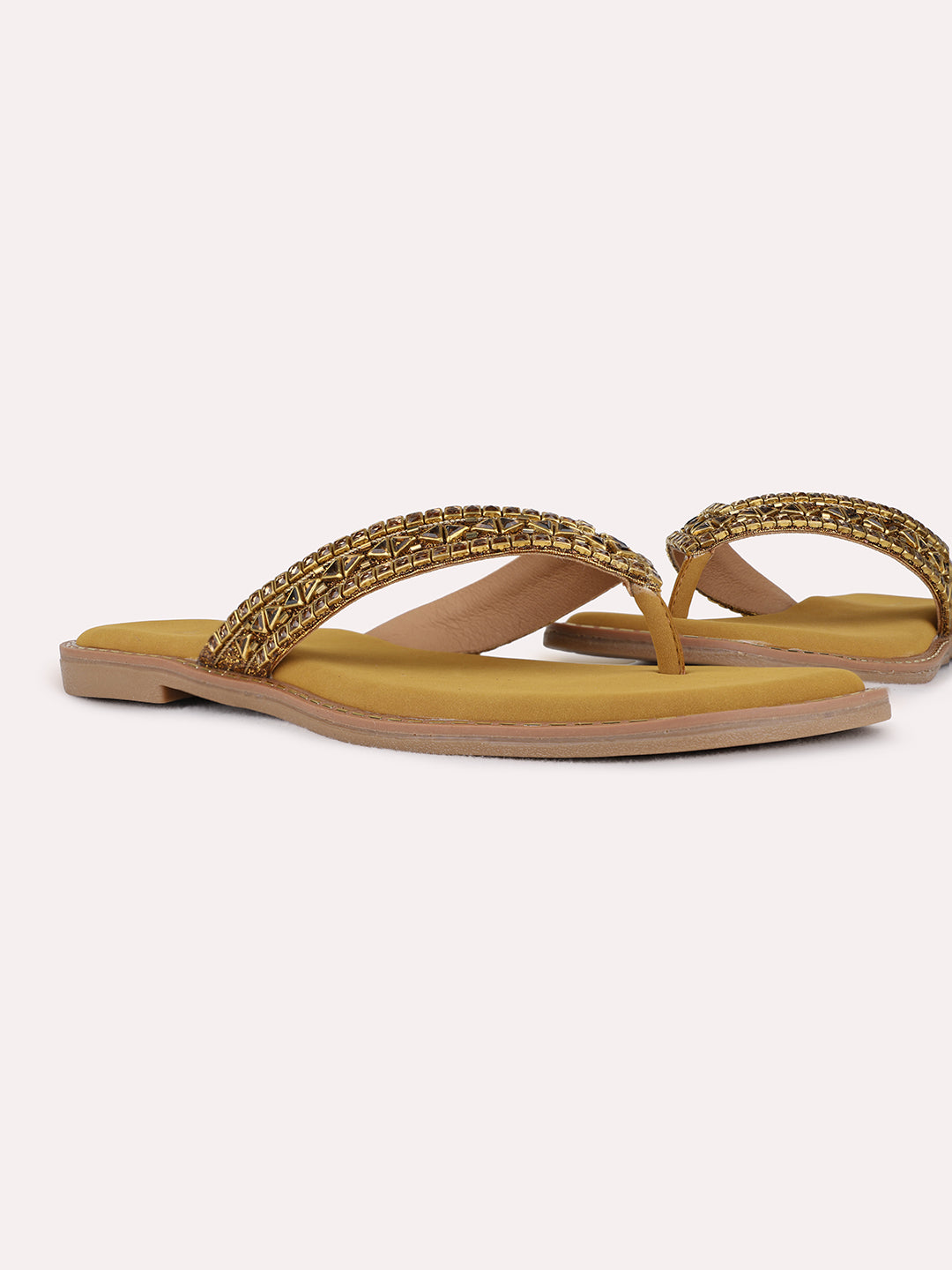 Womens Golden Ethnic Embellished T-Strap Flat Slip-On Sandals