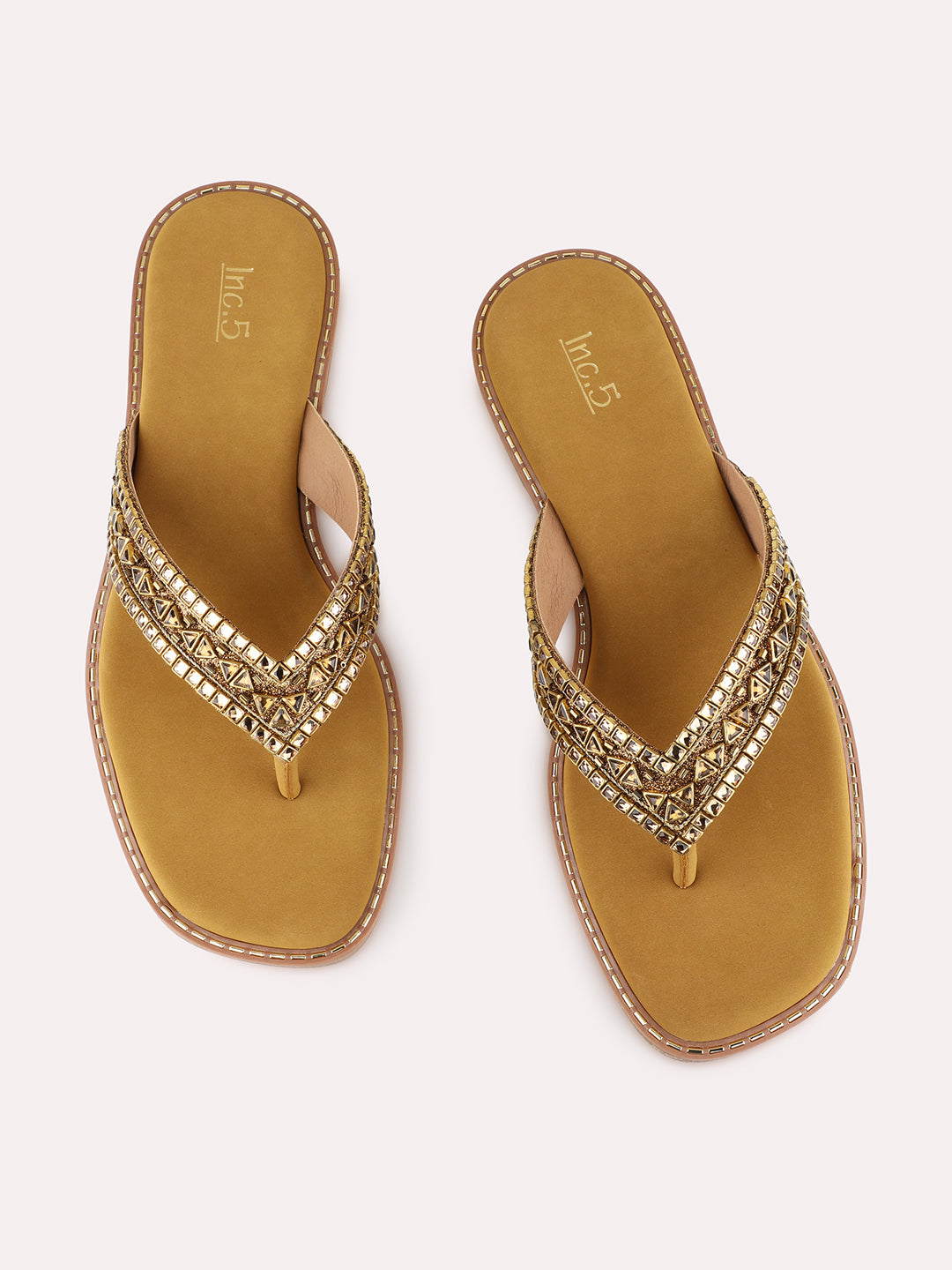 Womens Golden Ethnic Embellished T-Strap Flat Slip-On Sandals