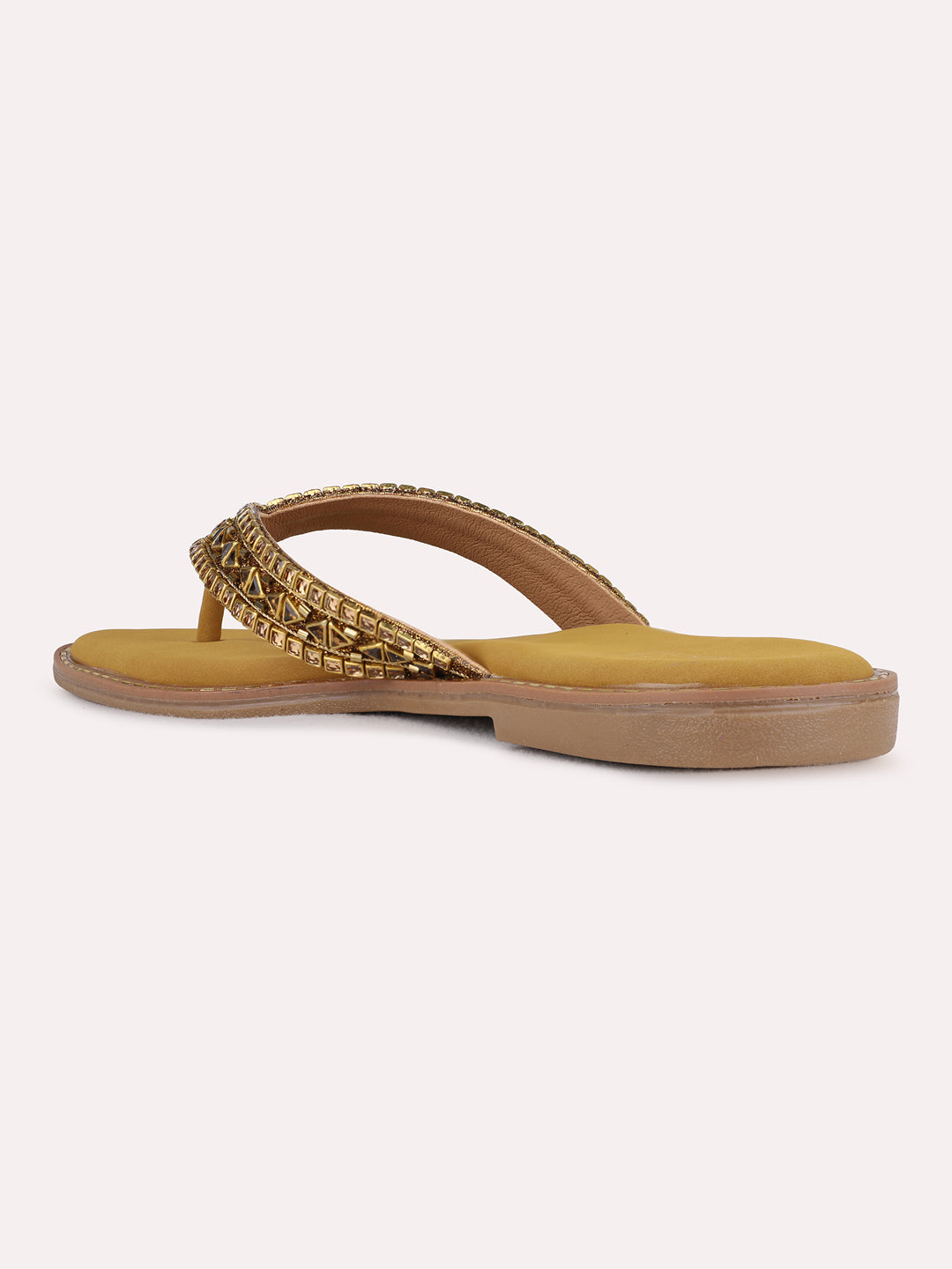 Womens Golden Ethnic Embellished T-Strap Flat Slip-On Sandals
