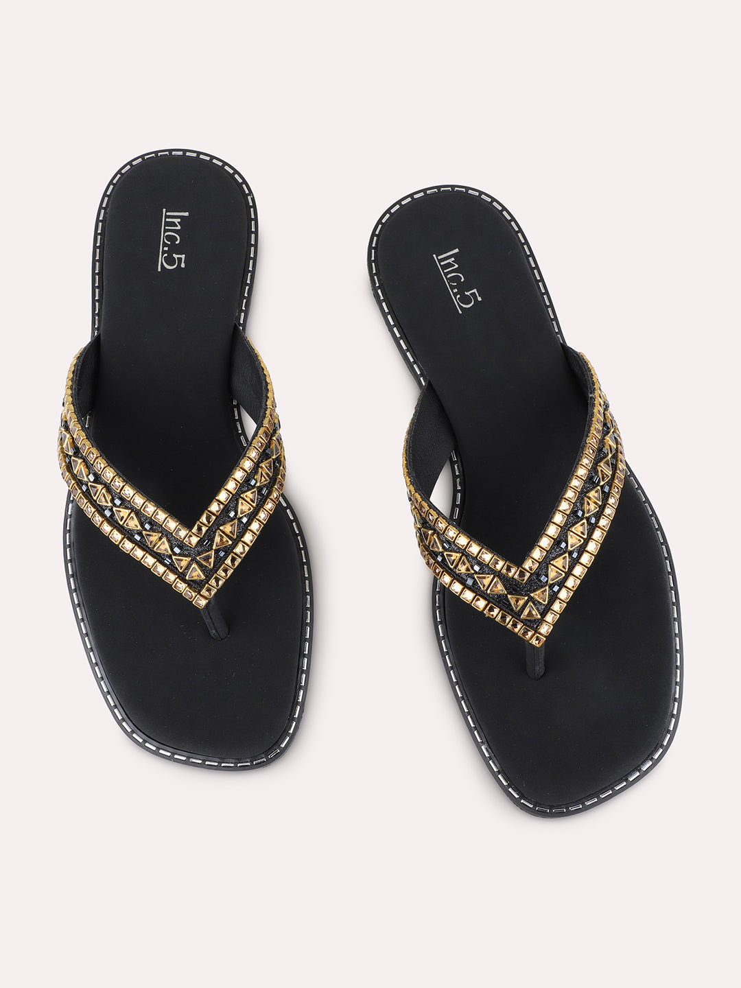 Womens Black Ethnic Embellished T-Strap Flat Slip-On Sandals
