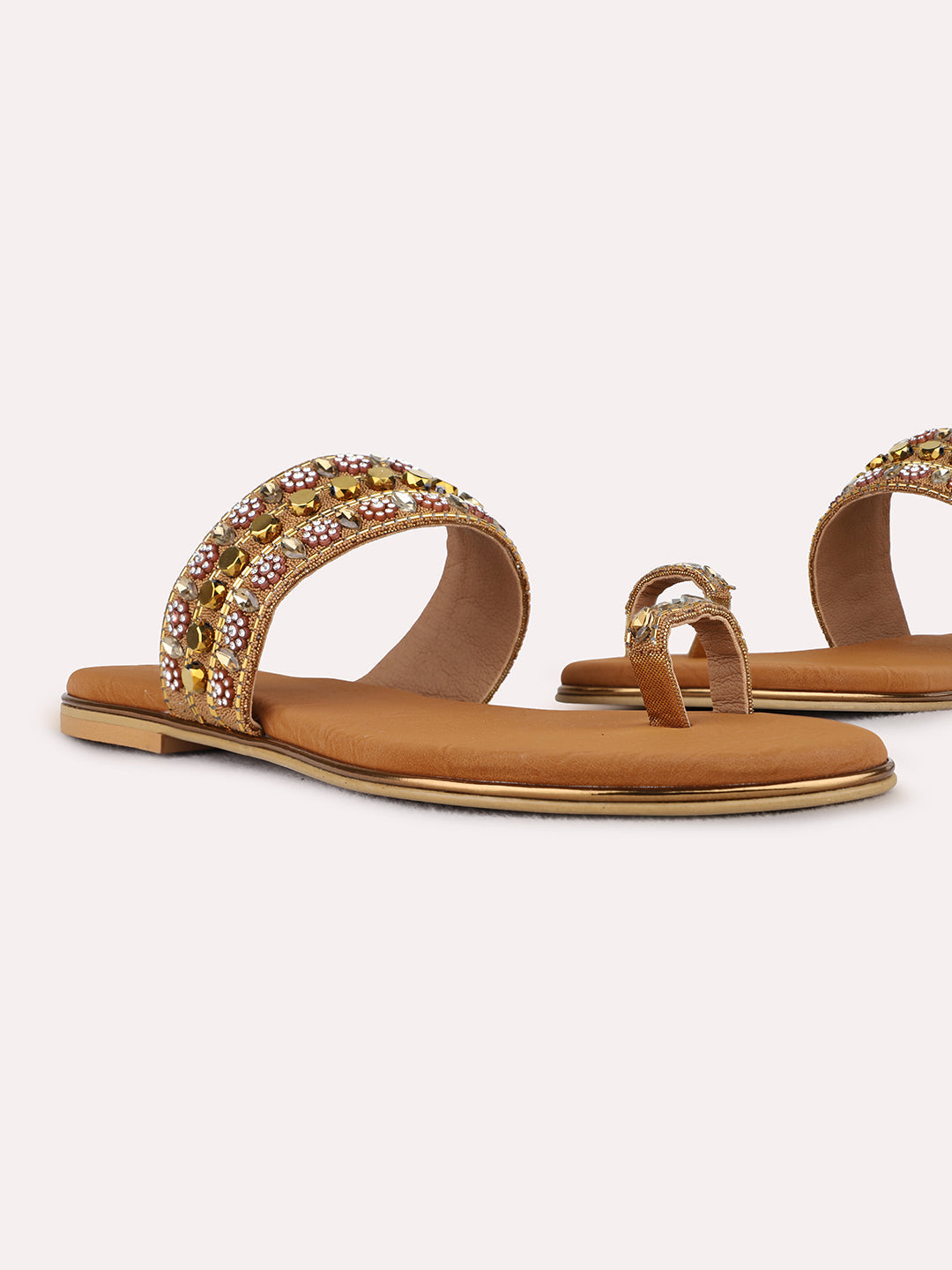 Womens Golden Ethnic Embellished T-Strap Flat Slip-On Sandals