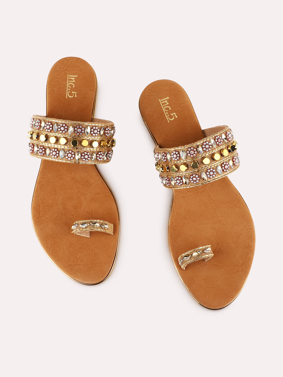 Womens Golden Ethnic Embellished T-Strap Flat Slip-On Sandals
